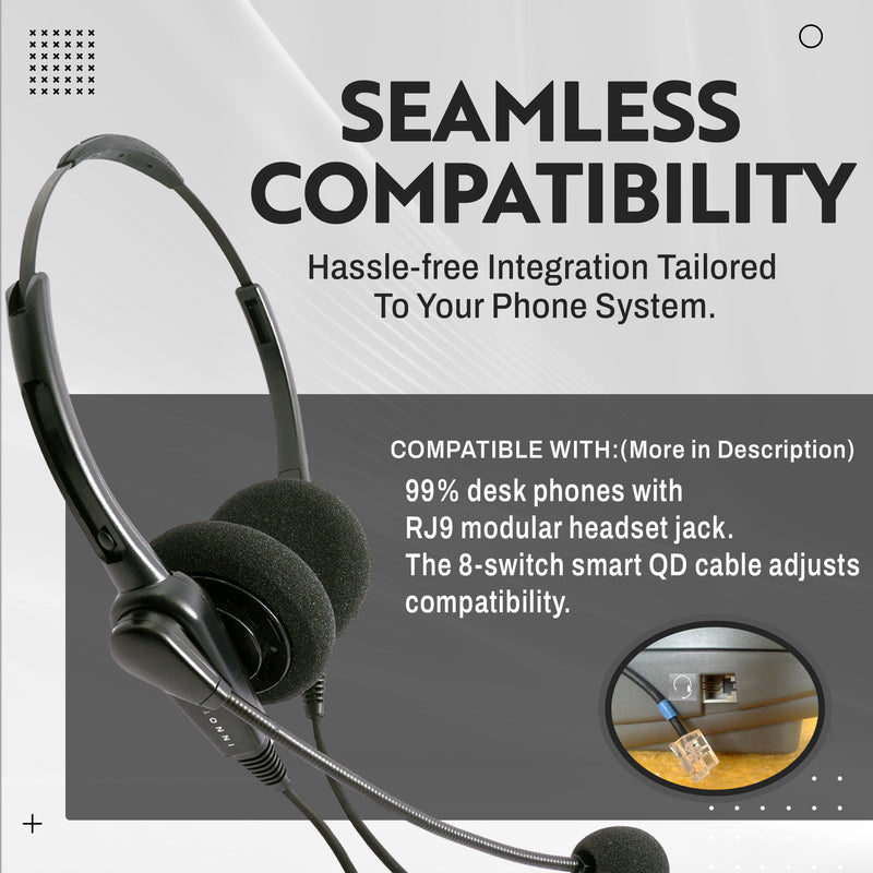 RJ9 Headset Universal - Business Grade Econimic Binaural headset + Universal compatible RJ9 cord built in Plantronics compatible QD