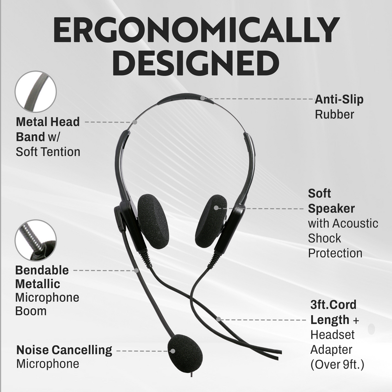 RJ9 Headset Universal - Business Grade Econimic Binaural headset + Universal compatible RJ9 cord built in Plantronics compatible QD